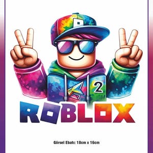 May include: A vibrant illustration of a Roblox character wearing a rainbow-colored hat and sunglasses, making a peace sign with both hands. The Roblox logo is displayed in colorful letters. The image dimensions are 18cm x 16cm.