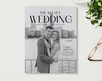 Puede incluir: Un anuncio de boda en blanco y negro con una foto de una pareja frente a un horizonte urbano. El texto dice "The Kelsey Wedding, September 2024 Edition, Emily & Ryan, September 20, 2024, "We can't wait to share this special day with you."