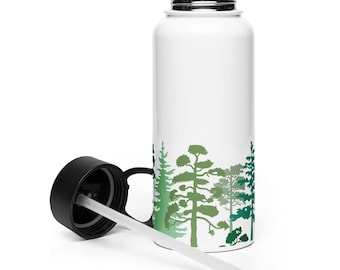 May include: White stainless steel water bottle with a green and blue forest silhouette design. The bottle has a black lid and a clear drinking straw.