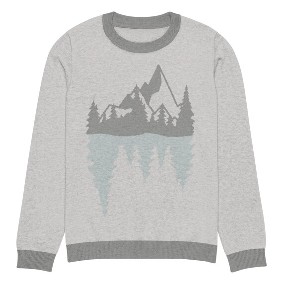Grey Sweater Mountain and Trees Knitted Crew Great for