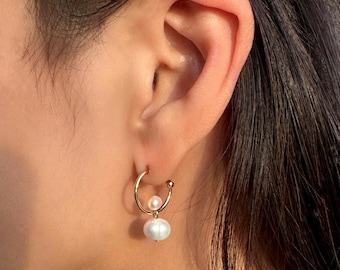Freshwater Pearl Hoop Earrings, 18K Gold Plated