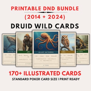 Puede incluir: Paquete DND imprimible con cartas Druid Wild. La imagen muestra cinco cartas ilustradas con criaturas como un tiburón, un simio, un pulpo, un búho y una rana. El texto incluye "170+ cartas ilustradas" y "Tamaño de carta de póquer estándar".