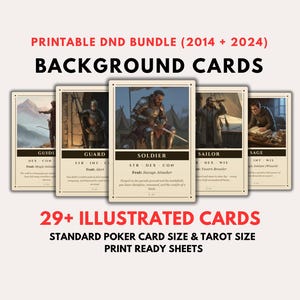 May include: An image showcasing a set of illustrated background cards for a DND bundle. The cards display character classes such as Guide, Guard, Soldier, Sailor, and Sage. Text on the cards includes class attributes and descriptions. The image also states "29+ Illustrated Cards" and "Standard Poker Card Size & Tarot Size".