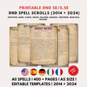 Op de afbeelding: Een verzameling printbare DND 5E/5.5E spreukenrollen met de edities van 2014 en 2024. De sjablonen in perkamentstijl bevatten tekst voor klassen zoals Artificer, Bard en Wizard. Inclusief bewerkbare A5-sjablonen, 400+ pagina's en gratis SVG's in het Engels, Spaans, Frans, Duits en Italiaans.