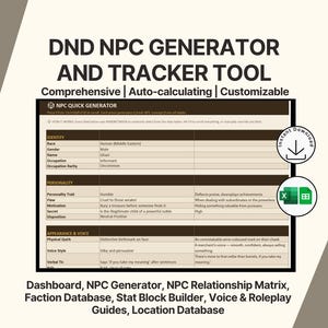 Może przedstawiać: Cyfrowe narzędzie DND NPC Generator i Tracker. Obraz przedstawia interfejs podobny do arkusza kalkulacyjnego z sekcjami dla tożsamości, osobowości, wyglądu i głosu. Tekst zawiera "Kompleksowy", "Automatyczne obliczanie" i "Konfigurowalny". Istnieją również ikony do natychmiastowego pobrania i Excela.