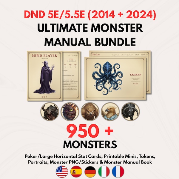 DnD Monsterkort Bundle 5e 5.5e 2014 2024 Utskrivbara Statblock Dungeons and Dragons-poletter