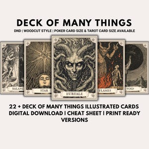 Pode incluir: Um baralho de cartas ilustradas com o texto "DECK OF MANY THINGS". As cartas apresentam ilustrações detalhadas em preto e branco com títulos como "EURYALE", "STAR" e "FLAMES". Disponível em tamanhos de cartas de pôquer e tarô.
