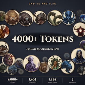 Puede incluir: Una colección digital de más de 4000 fichas para DND 5E y 5.5E, con ilustraciones circulares de varias criaturas de fantasía que incluyen un oso lechuza, hidra, azotamentes, medusa y figuras esqueléticas, con etiquetas de 1405 criaturas.