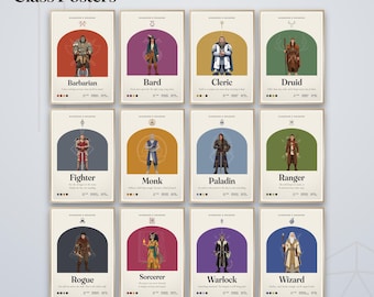 DnD Class Posters, Set of 12, Gaming Room Art, Dungeons and Dragons Poster Props