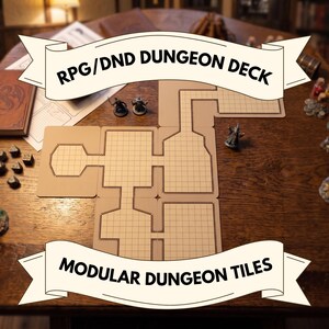May include: Modular dungeon tiles for tabletop RPGs. The beige tiles feature a grid pattern and connect to form a dungeon layout. The image includes miniature figures and dice, with text that reads "RPG/DND DUNGEON DECK" and "MODULAR DUNGEON TILES."