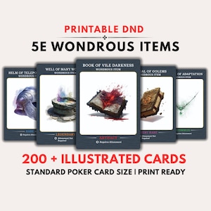 Könnte beinhalten: Druckbare DND 5E Wondrous Items Karten. Das Bild zeigt illustrierte Karten mit Fantasy-Kunst. Die Karten sind mit Begriffen wie "Selten", "Legendär" und "Artefakt" beschriftet. Der Text auf den Karten lautet "200+ illustrierte Karten" und "Standard-Pokerkartengröße".