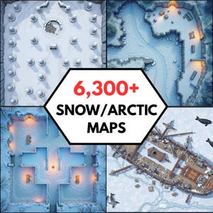 Puede incluir: Una colección digital de más de 6.300 mapas de nieve y árticos con cuatro vistas cenitales distintas: un patio nevado con pilares, un paisaje de río congelado, una estructura de hielo interior con luces y un barco sobre agua helada.