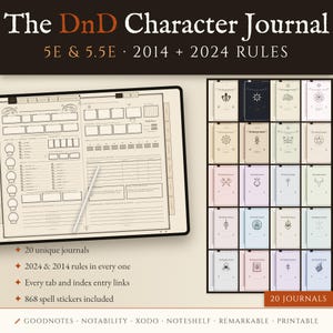May include: A digital DnD Character Journal for 5E and 5.5E 2014 and 2024 rules. The image displays an open character sheet with a stylus, alongside a grid of 20 different journal covers in various colors and symbols, compatible with Goodnotes.