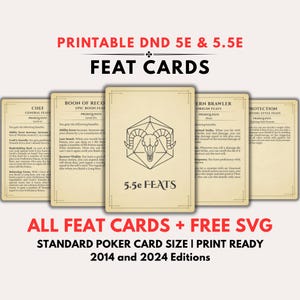 以下が含まれることがあります： 印刷可能なDND 5E & 5.5E Featカード。カードは標準的なポーカーカードサイズで、印刷可能です。デザインには、ラムスカルのエンブレムと「5.5e FEATS」のテキストが中央に配置されたカードが含まれています。「ALL FEAT CARDS + FREE SVG」のテキストも表示されています。