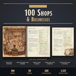 Compendio di negozi di D&D: 100 negozi, taverne e attività commerciali stampabili con prezzi, PNG, 5a e 5.5a edizione in formato PDF.