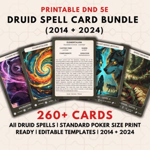 Op de afbeelding: Een verzameling Druïde spreukkaarten voor Dungeons and Dragons 5E. De kaarten bevatten kleurrijke illustraties en tekst, met titels als "Elementalism" en "Beestgevoel". De bundel bevat meer dan 260 kaarten, klaar om af te drukken.