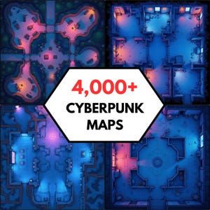 May include: A digital collection of 4,000+ cyberpunk maps displayed in a grid of four distinct top-down floor plans. Each map features intricate architectural layouts illuminated by vibrant blue and pink neon lighting effects on dark backgrounds.