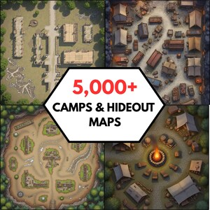 May include: A digital collection of 5,000+ Camps & Hideout Maps featuring four distinct top-down views of encampments, including wooden structures, tents, rocky terrain, and a central campfire, presented in a grid layout with white text overlay.