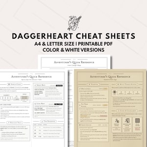 Könnte beinhalten: Druckbare Daggerheart Cheat Sheets in A4- und Letter-Größe. Die Blätter enthalten Adventurer's Quick Reference-Guides mit Abschnitten zu Domain Cards, Short Rest, Long Rest und mehr. Farb- und Weißversionen sind verfügbar.