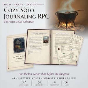 Könnte beinhalten: Ein Solo-Rollenspiel mit dem Titel The Potion-Seller's Almanac, bestehend aus einem Regelbuch, Spielkarten und einer Illustration eines Kessels über einem Feuer. Der Text enthält Solo Cards One D6, The Potion-Seller's Almanac und Spieldetails.