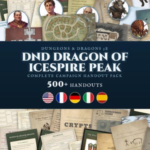 Puede incluir: Un paquete completo de folletos de campaña Dungeons & Dragons 5E Dragon of Icespire Peak con más de 500 documentos impresos. La colección incluye varios mapas, retratos de personajes, registros de misiones y cartas de objetos.