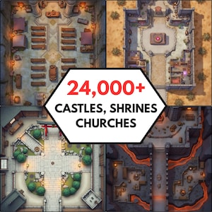 May include: A digital collection of 24,000+ castles, shrines, and churches featuring four distinct top-down floor plans. The images display architectural layouts including a stone church interior, a desert shrine, a garden courtyard, and a lava-filled dungeon.