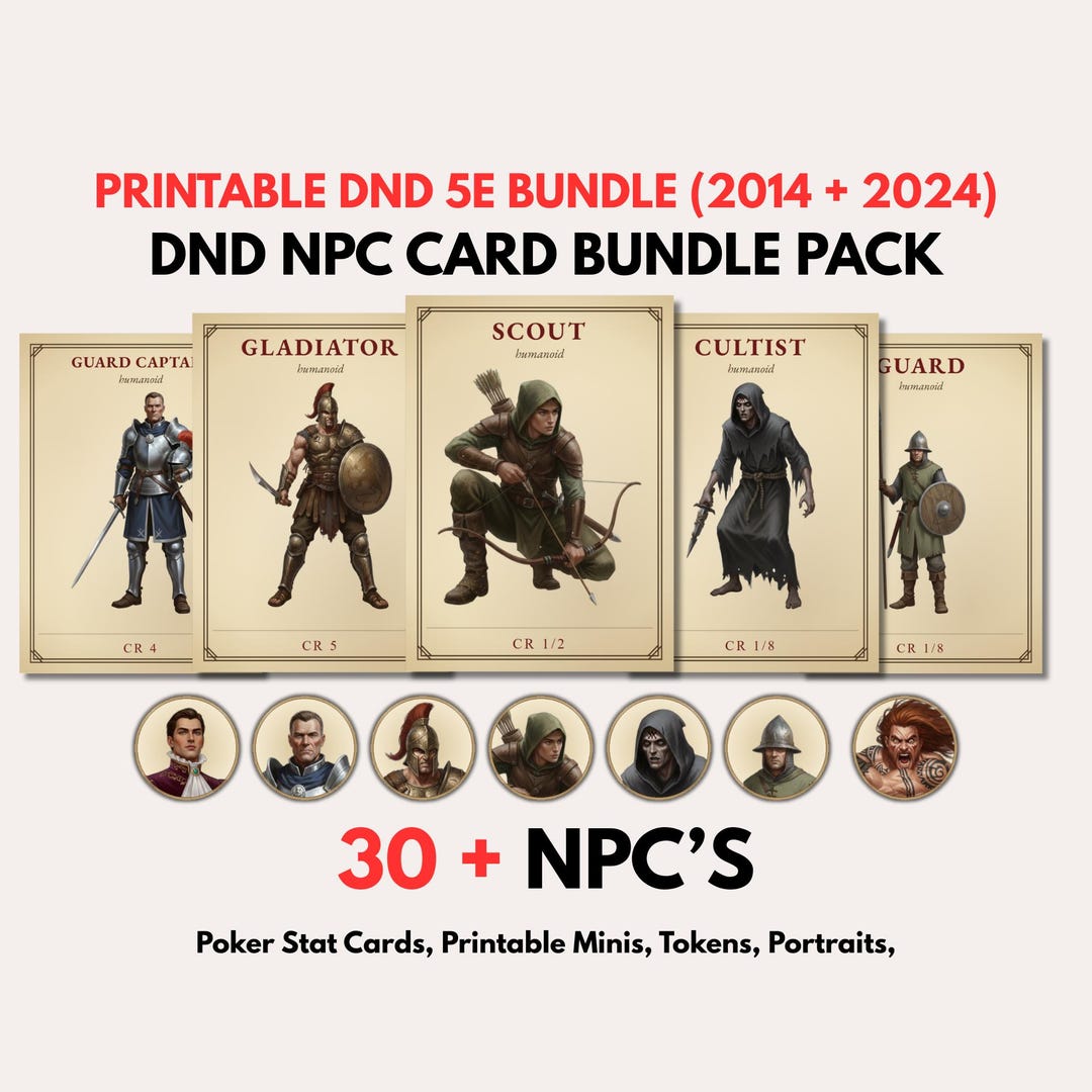 Dnd NPC Cards 5e Bundle 2014 2024 D&D Printable Stat Cards Tokens Paper ...