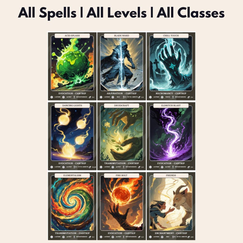 DnD 5e Spell Cards illustrated - All Spells