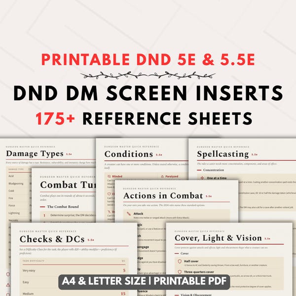 DND Cheat Sheets DM Screen Inserts for 5E & 5.5E Quick Reference Sheets 2014 2024