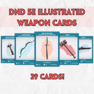 39 DnD 5e Illustrierte Waffenkarten Bündel Neuer Digitaler Download 2024 - Dungeons and Dragons 5e - D&D Waffe Martial, Martial Waffen, Fernkampf