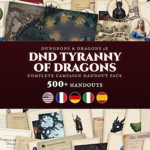 May include: A Dungeons & Dragons 5E Tyranny of Dragons complete campaign handout pack featuring over 500 printed documents. The collection includes various maps, character portraits, ledger pages, and spell cards with text like Call Lightning.