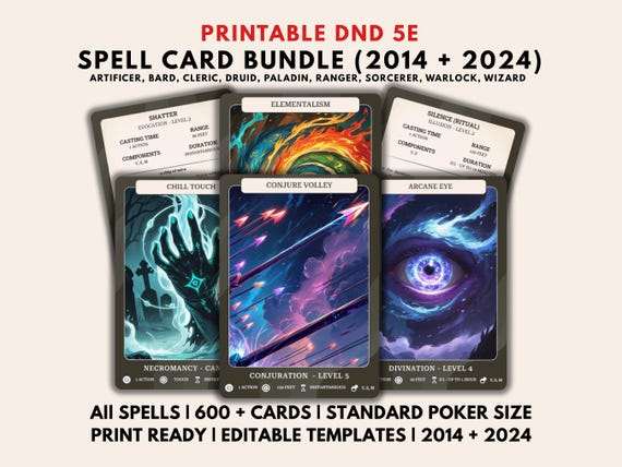 DnD Spell Cards 5e 2014 2024 Illustrated Bundle Dungeons and Dragons D&D (Digital Download)