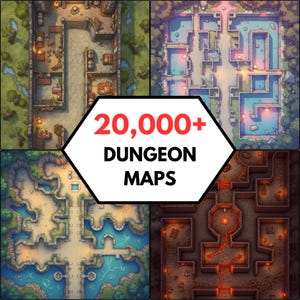 Könnte beinhalten: Eine Sammlung von vier Dungeon-Karten in der Draufsicht mit Steinkorridoren, Wasserflächen und Lavaströmen, überlagert von einem weißen sechseckigen Abzeichen mit dem rot-schwarzen Text 20,000+ DUNGEON MAPS, das verschiedene Layouts zeigt.