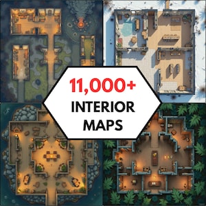 Puede incluir: Una colección de cuatro planos de planta interiores distintos vistos desde arriba, con diversos diseños arquitectónicos y entornos, con una etiqueta hexagonal blanca central que muestra el texto 11,000+ INTERIOR MAPS.