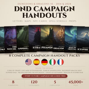 Könnte beinhalten: Eine Sammlung von acht Dungeons & Dragons 5E Kampagnen-Handout-Paketen mit Briefen, Karten, NSC-Karten und Zauberrollen. Das Bild zeigt Titel wie Curse of Strahd, Tomb of Annihilation und Icewind Dale sowie fünf verschiedene Nationalflaggen.