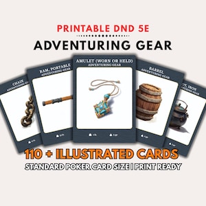 Op de afbeelding: Een verzameling geïllustreerde kaarten met avonturenuitrusting voor een DND 5E-spel. De kaarten tonen items zoals een ketting, ram, amulet, vat en pot. De tekst op de kaarten luidt "Adventuring Gear" en "110+ Illustrated Cards".