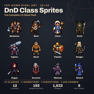 Puede incluir: Una colección digital de 12 sprites de clase DnD en pixel art de vista superior, incluyendo Barbarian, Bard, Cleric, Druid, Fighter, Monk, Paladin, Ranger, Rogue, Sorcerer, Warlock y Wizard. El paquete incluye 192 sets de animación y 1632 fotogramas.