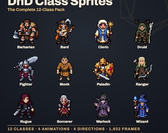 Pixel Art DnD Classes, 12 Character Sprites, Game Asset Pack, Animated D&D Characters