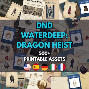 Puede incluir: Una colección de recursos imprimibles de DND Waterdeep: Dragon Heist que incluye varias cartas de juego, retratos de personajes, mapas y documentos con texto como The North Wind, Beware the Walking Statues y Seekers Wanted sobre un fondo oscuro.