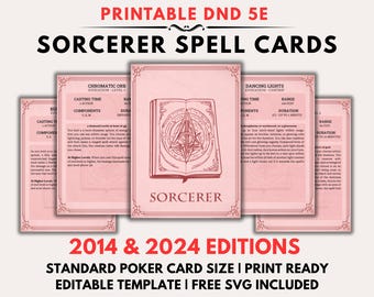 May include: Pink printable Sorcerer Spell Cards for Dungeons and Dragons 5E. The cards feature spell details, including casting time, components, and range. The text includes "2014 & 2024 Editions" and "Standard Poker Card Size".