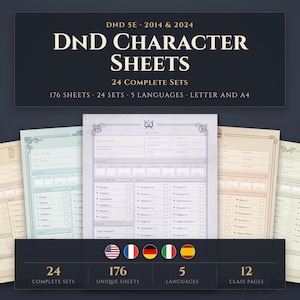 Könnte beinhalten: Eine Sammlung von DND 5E 2014 & 2024 Charakterbögen mit 24 kompletten Sets, 176 Bögen und 5 Sprachen in Letter- und A4-Formaten. Die Darstellung zeigt mehrere gedruckte Formulare in verschiedenen Farbtönen, darunter Blau, Creme und Weiß, mit Text.