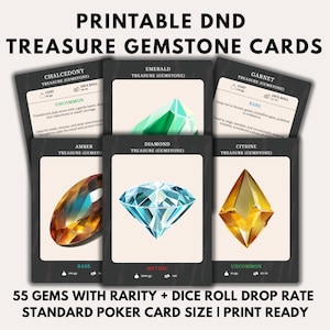 May include: Printable DND Treasure Gemstone Cards featuring illustrations of gemstones like emerald, diamond, and citrine. The cards include text such as "Chalcedony", "Emerald", "Garnet", "Amber", "Diamond", and "Citrine". The text also includes "55 Gems with Rarity + Dice Roll Drop Rate".