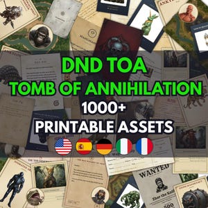Puede incluir: Una colección de 1000+ recursos imprimibles DND TOA Tomb of Annihilation que incluye varias cartas de juego, ilustraciones de personajes, mapas y documentos con texto como DND TOA, Tomb of Annihilation, 1000+ Printable Assets y Wanted.