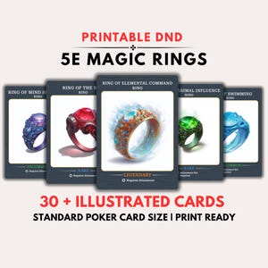 Puede incluir: Juego de cartas imprimibles DND 5E Magic Rings. Las cartas presentan ilustraciones de varios anillos, incluyendo un Anillo de Mando Elemental, un Anillo de la Mente y un Anillo de Influencia Animal. Cartas de tamaño estándar y listas para imprimir.