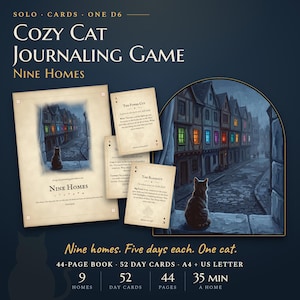 Puede incluir: Un juego de diario titulado Cozy Cat Journaling Game: Nine Homes, que incluye un libro de 44 páginas, 52 cartas de día y una ilustración de un gato mirando por una ventana hacia una calle de casas con ventanas coloridas e iluminadas de noche.