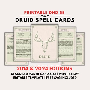 May include: Printable DND 5E Druid Spell Cards. The cards feature a deer skull graphic and spell details. The text includes "Summon Draconic Spirit" and "Dust Devil". The cards are standard poker card size and print ready.