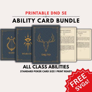 May include: A collection of printable DND 5E ability cards. The cards feature gold-colored illustrations and text on a dark blue background. The cards are labeled with class names such as Bard, Warlock, and Druid. The text "All Class Abilities" is also visible.