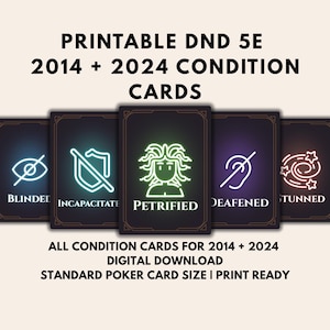 Puede incluir: Un conjunto de cartas de condición DND 5E, con ilustraciones y etiquetas de texto como "Cegado" y "Petrificado". Las cartas están diseñadas para descarga digital y tienen el tamaño estándar de las cartas de póquer. El texto en la parte superior dice "Cartas de condición DND 5E imprimibles 2014 + 2024."