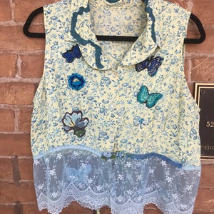 Artsy Womens up cycled top reinvented garment shabby cottage style tattered chic boho fashion size L