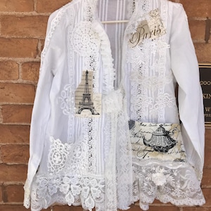 Art to Wear Paris themed womens tattered chic shirt/jacket embellished with lace and appliqués size S